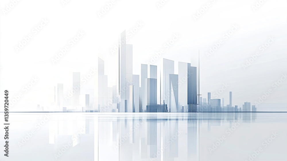 Fototapeta premium Minimalist city skyline with clean vector lines, light gray and white tones defining sleek modern architecture, white background creating a refined aesthetic