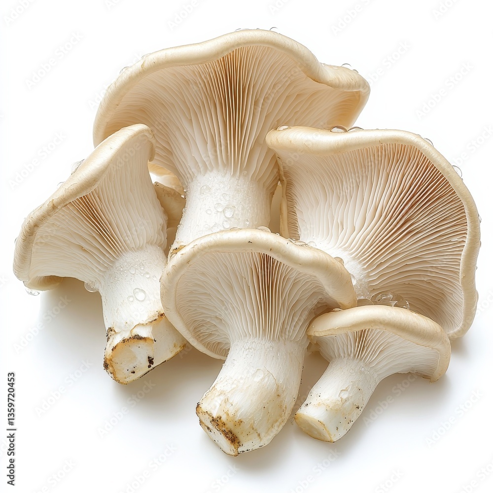 Fresh Oyster Mushrooms with Water Droplets on White Background - A Delicate Culinary Delicacy Fresh Oyster Mushrooms with Water Droplets on White Background - A Delicate Culinary Delicacy