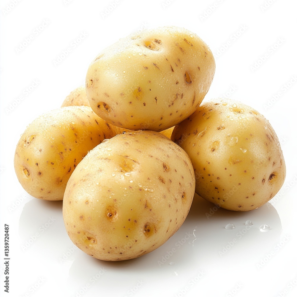 Fresh Potatoes Stacked on White Background with Water Droplets, Crisp and Clean for Culinary and Health-Conscious Visuals. Fresh Potatoes Stacked on White Background with Water Droplets, Crisp and Clean for Culinary and Health-Conscious Visuals.