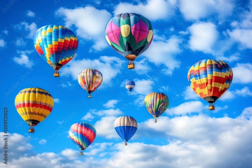 Fototapeta premium Hot Air Balloons Ascending in a Blue Sky with White Clouds