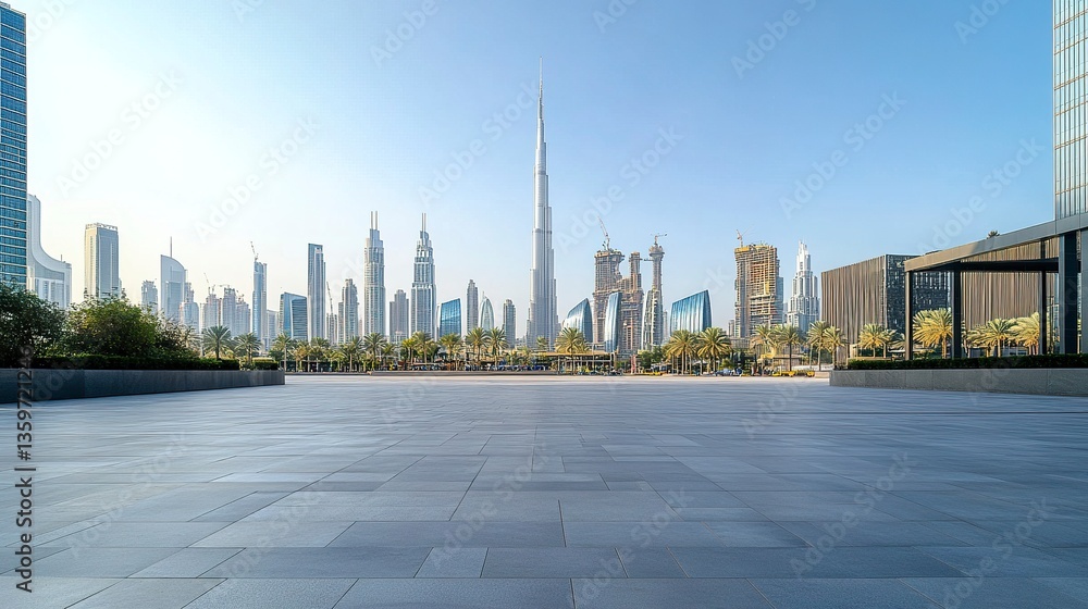 Fototapeta premium Minimalist open plaza with sleek tiled flooring, a bustling city skyline of skyscrapers and iconic buildings in the distance, clear atmospheric light creating sharp contrasts, frontal perspective 