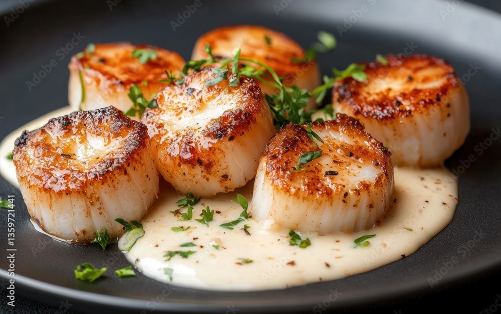 Close-up view of six seared scallops arranged on a dark plate with a creamy sauce, garnished with fresh herbs. The scallops have a browned exterior and a white, tender interior. The sauce is light Close-up view of six seared scallops arranged on a dark plate with a creamy sauce, garnished with fresh herbs. The scallops have a browned exterior and a white, tender interior. The sauce is light