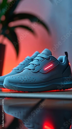 Stylish blue sneakers with glowing accents showcased on a reflective surface, with a plant in the background