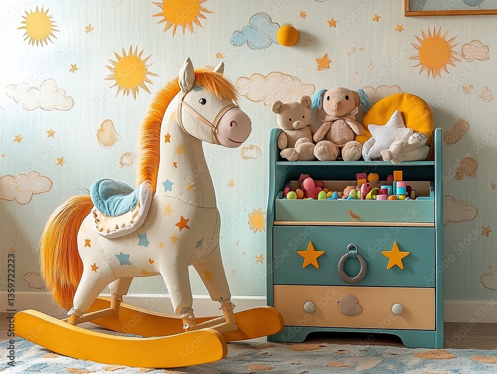 Obraz premium Rocking horse in playroom corner wooden horse with toy chest full of plushies, blocks, puzzles, doodled wallpaper with suns, soft tones, cozy storybook mood.