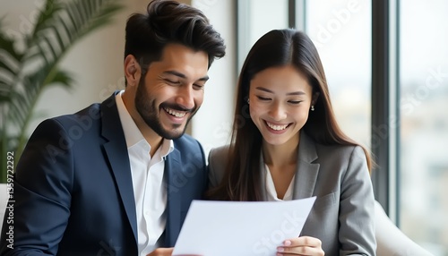 Two Professionals Reviewing Document with Smiles