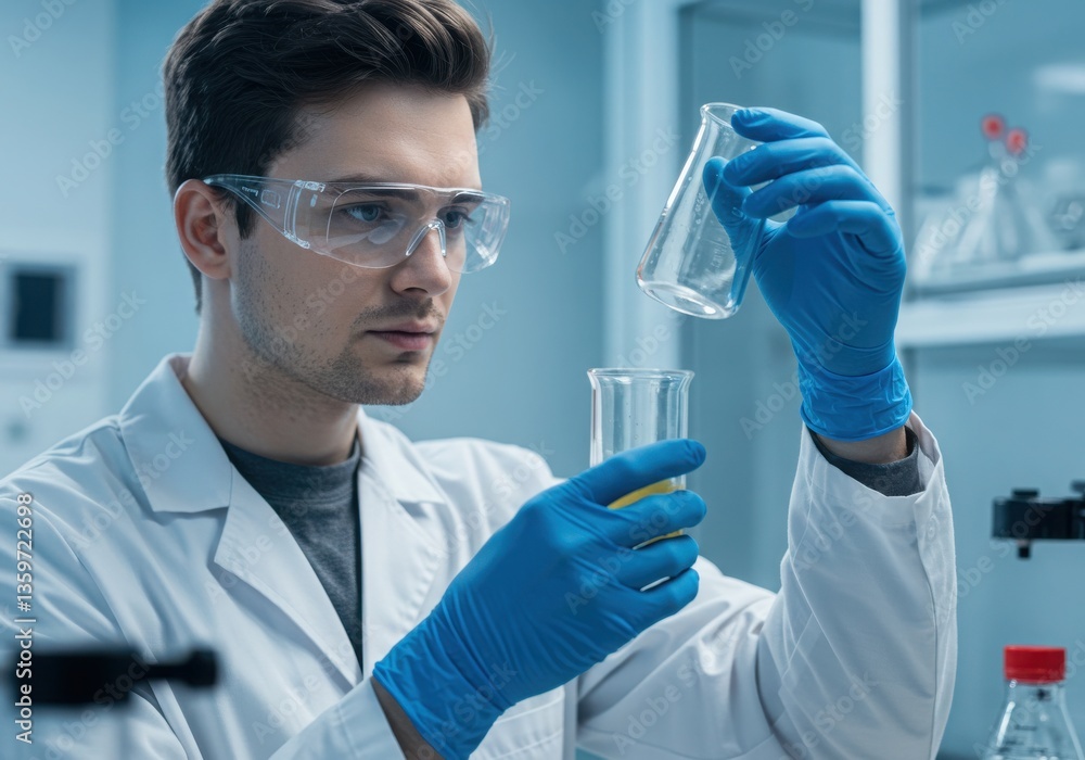 Man in lab coat holding beakers with liquids wearing safety glasses and blue gloves carefully Man in lab coat holding beakers with liquids wearing safety glasses and blue gloves carefully