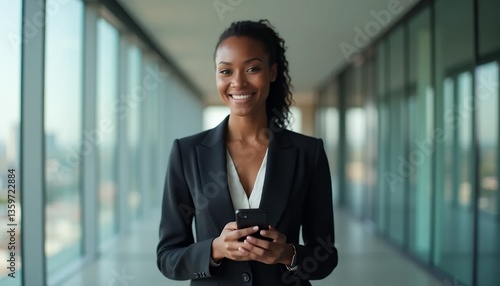 Woman in business attire holding a smartphone