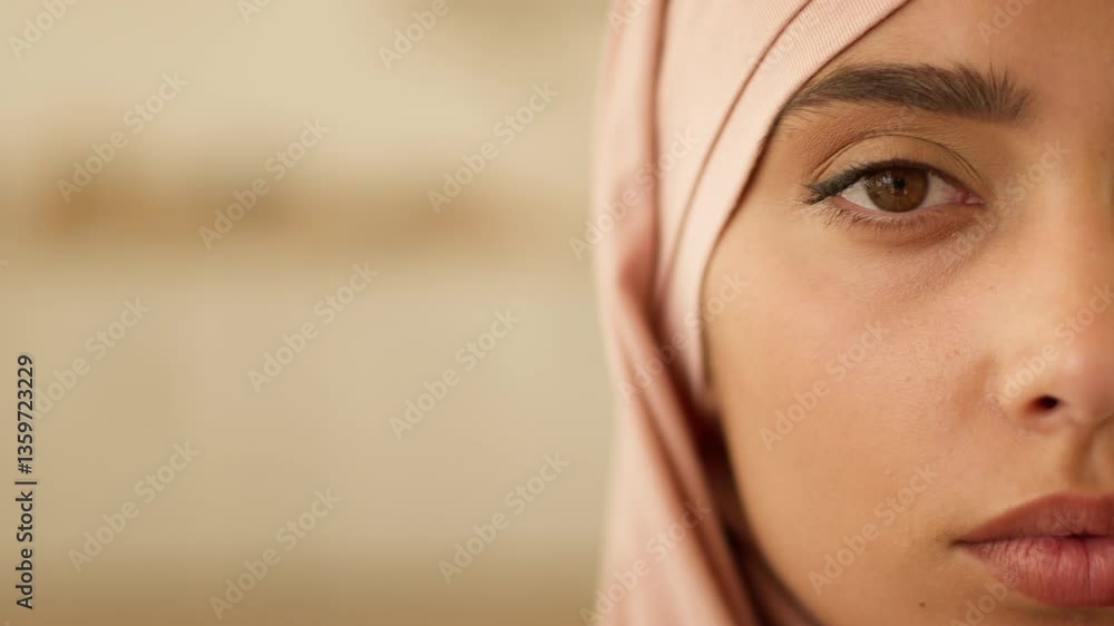 Close up health problem pensive peaceful half female face at home Muslim woman in hijab Islamic girl look Islamic lady Islam religion in headscarf looking at camera serious discrimination religion Close up health problem pensive peaceful half female face at home Muslim woman in hijab Islamic girl look Islamic lady Islam religion in headscarf looking at camera serious discrimination religion
