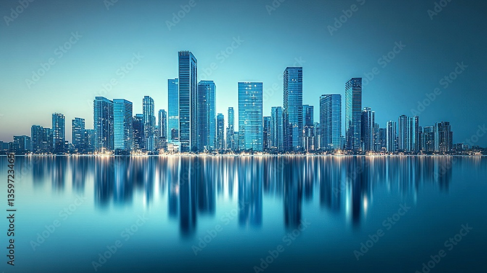 Fototapeta premium Modern city landscape rendered in 3D with blue gradients, sleek buildings arranged symmetrically, reflective surfaces enhancing realism, a soft horizon line blending into the sky 