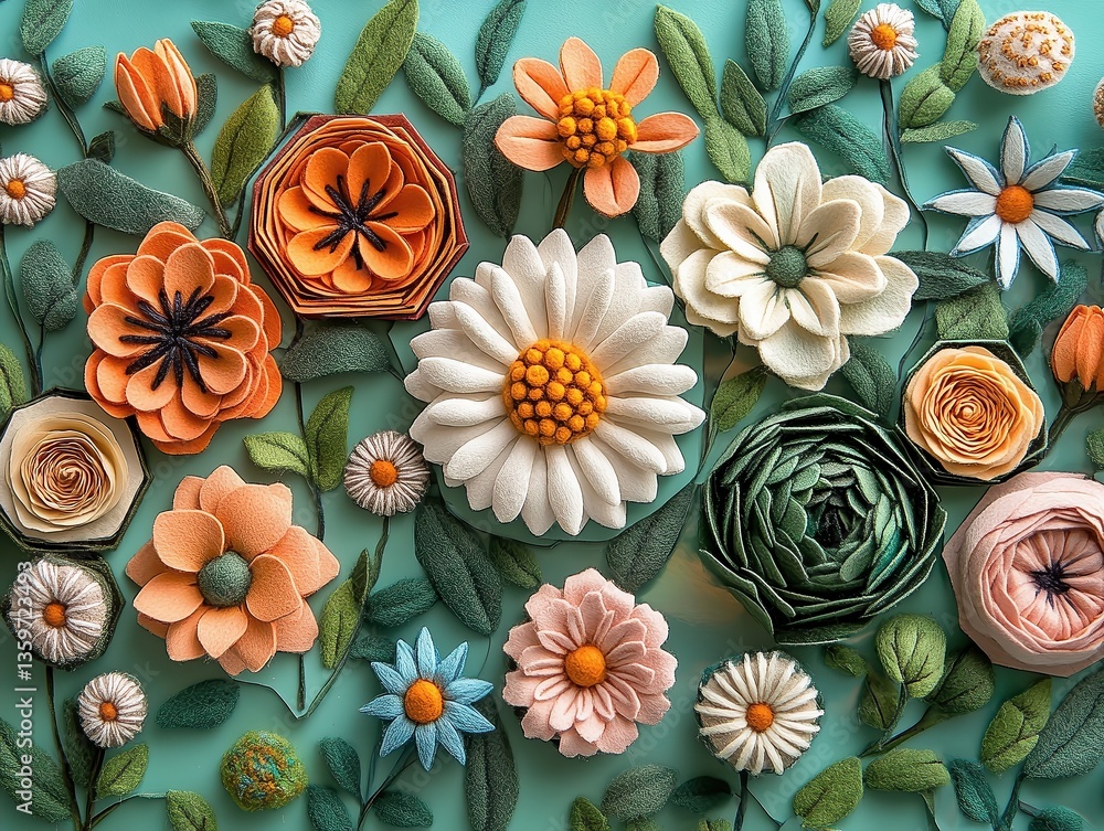 Fototapeta premium Felt flowers in hexagonal frames, each with unique bloom—daisies, tulips, roses—arranged mosaic-style over pastel green felt garden canvas