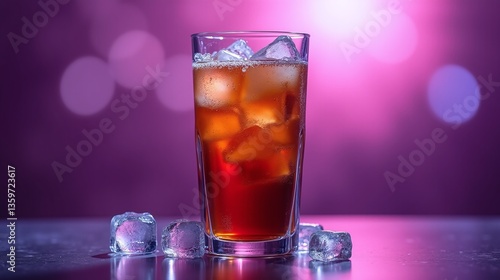 A tall glass filled with a refreshing beverage and ice cubes, set against a vibrant background.