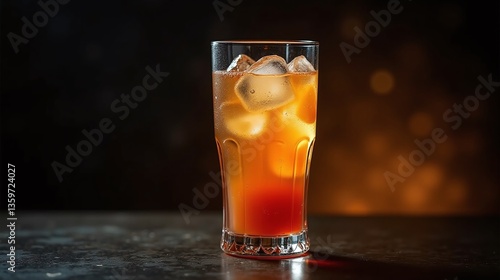 Amber-colored beverage with ice cubes in a clear glass on a dark surface.