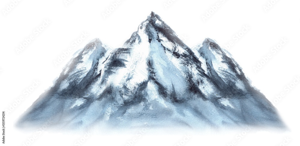Obraz premium Blue mountain with three peaks. Watercolor snowy rocks. For camping, expedition, hiking, tourism posters, greeting cards design. Isolated image. Hand-drawn watercolor illustration