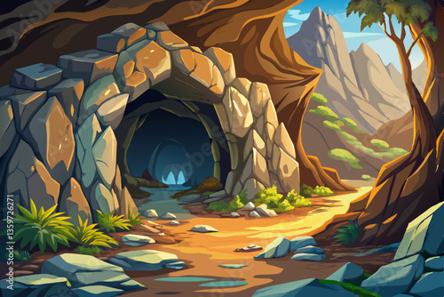 landscape with a rocky cave with stones illustration cartoon