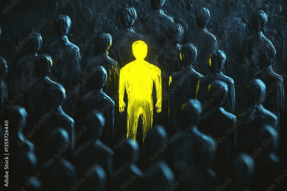 Fototapeta premium Unique figure stands out among dark silhouettes in a striking image representing individuality and distinction in a crowd