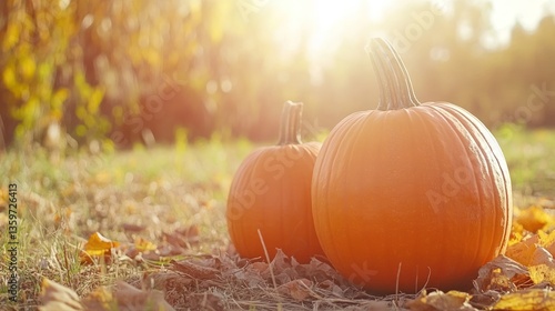 Autumnal abundance: Two pumpkins bask in the warm sunlight of fall season