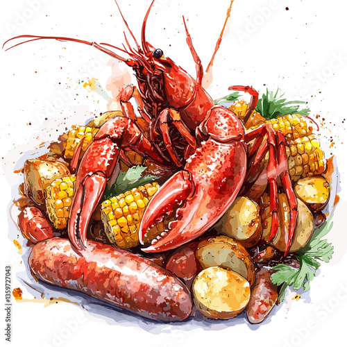 Watercolor Crawfish Boil with Corn and Potatoes