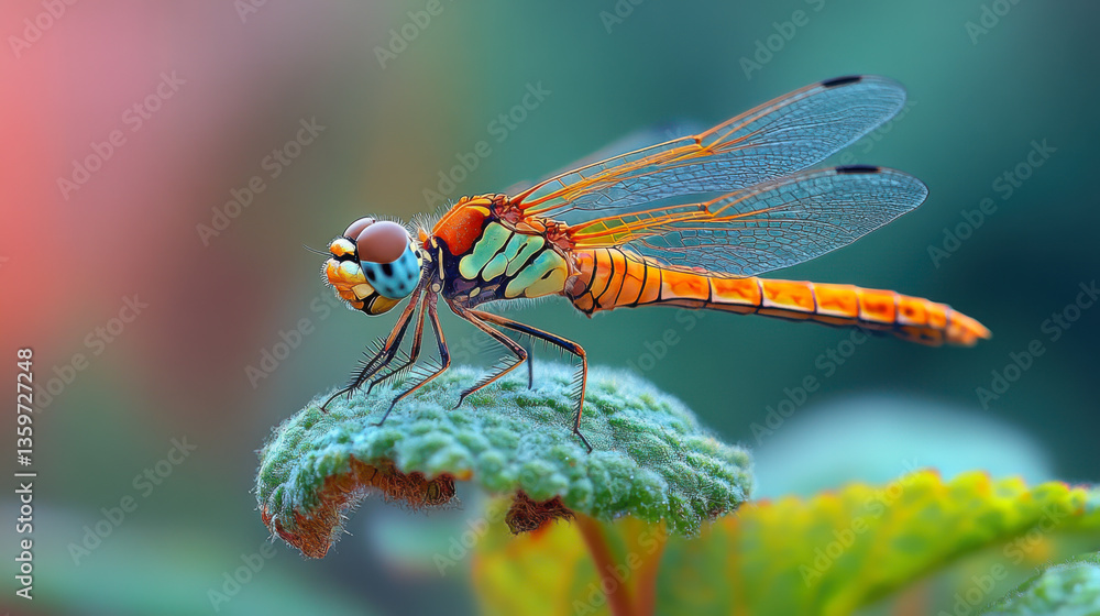 A dragonfly perched on the edge of a green leaf A dragonfly perched on the edge of a green leaf