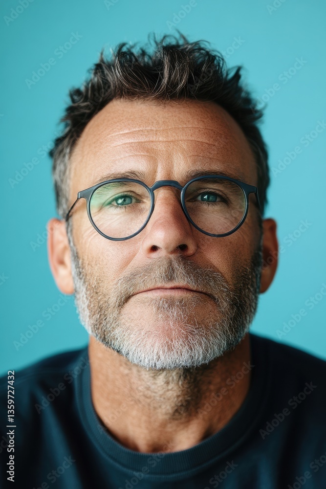 Portrait of a middle-aged man with glasses and a beard against a blue background, conveying confidence and thoughtfulness in a well-lit indoor setting Portrait of a middle-aged man with glasses and a beard against a blue background, conveying confidence and thoughtfulness in a well-lit indoor setting