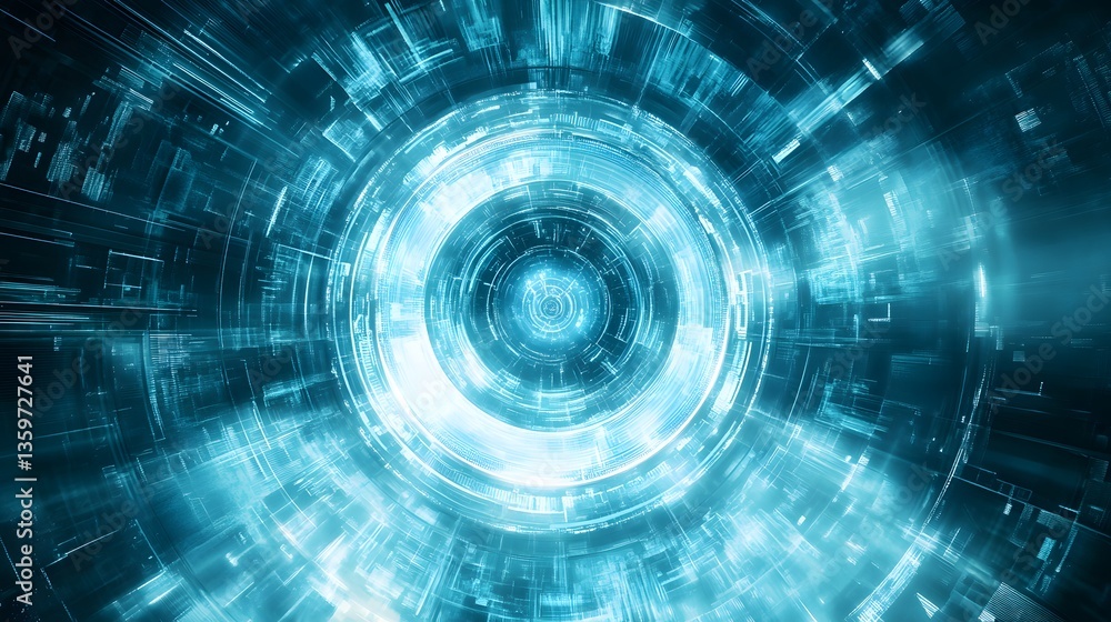 A glowing blue digital circle tunnel with intricate lines and shapes A glowing blue digital circle tunnel with intricate lines and shapes