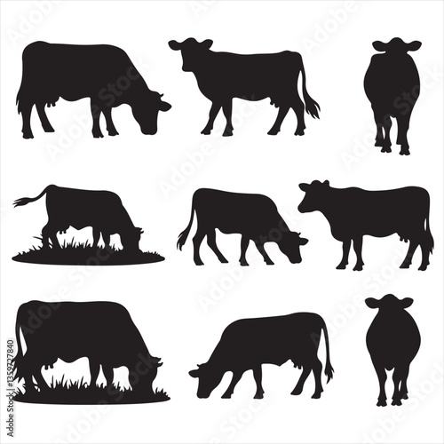 set of cow vector silhouettes, set of different style cow, Dairy farm cow, Cow Grazing On Meadow, vector silhouettes	
	