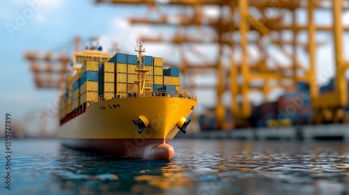 Large container ship docked at industrial port with vibrant shipping containers against blurred crane background