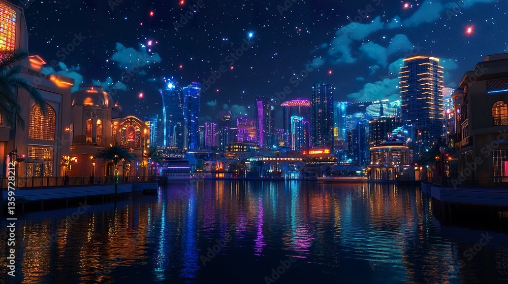Obraz premium Nighttime Doha cityscape, featuring the skyline high-rises adorned with colorful neon lighting, a tranquil waterfront creating a picturesque reflection, and a faint glow of stars above 