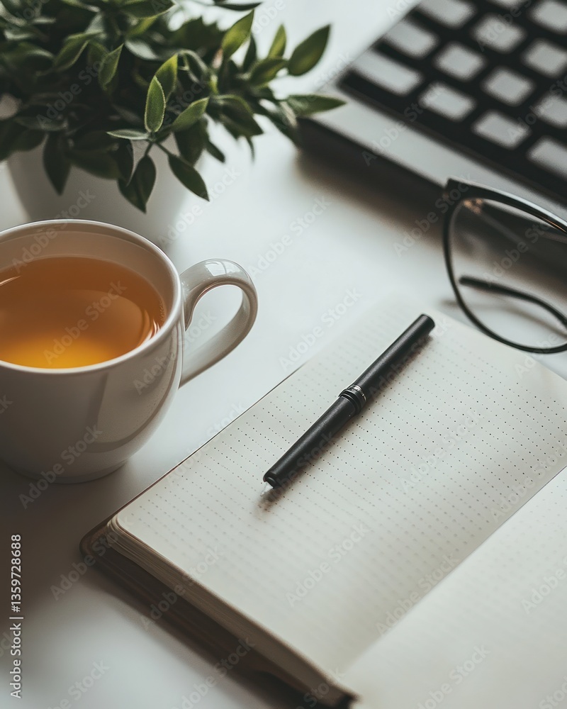 Simple workspace with tea, notebook, and pen Simple workspace with tea, notebook, and pen