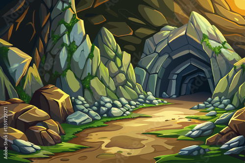 landscape with a rocky cave with stones illustration cartoon