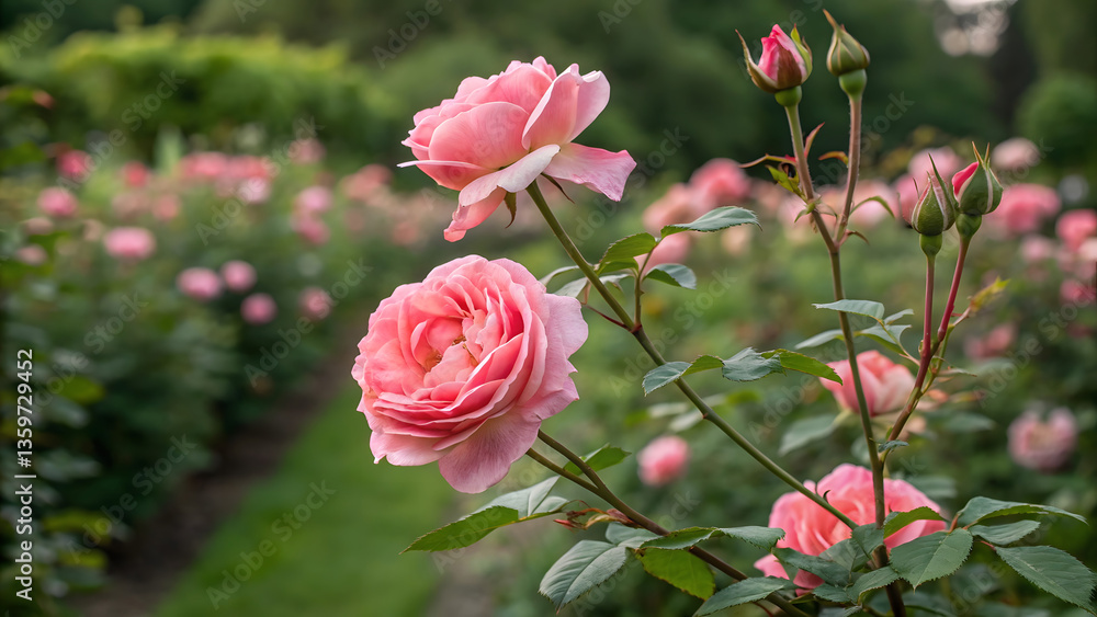 Obraz premium Pink rose in the garden, Pink roses in full bloom on a garden shrub, a rosebud on a stick, and pink roses in a garden with green foliage. 
