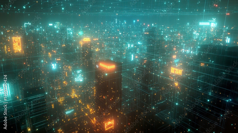 Fototapeta premium Panoramic cityscape with a web of glowing lines and dots overlayed, connecting buildings in a grid of light, the urban skyline illuminated by warm interior lights and neon signs 