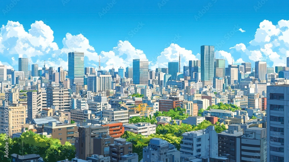 Fototapeta premium Panoramic urban view of a city with towering modern buildings, tightly packed residential areas, and open plazas, the skyline stretching endlessly under a bright blue sky