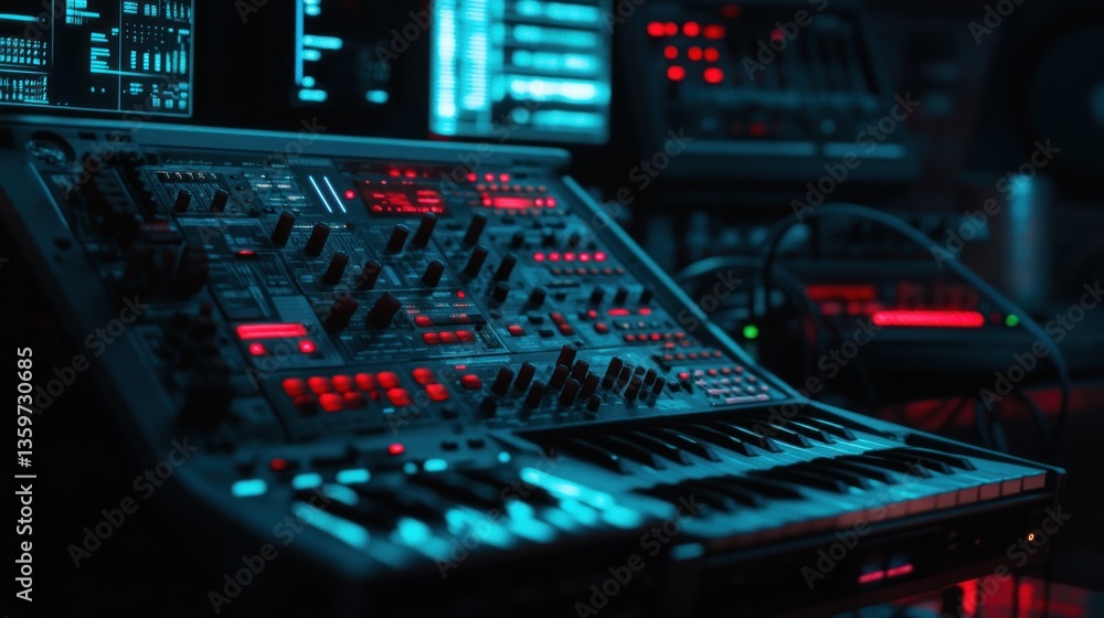 Close-up of a Music Synthesizer with Illuminated Buttons and a Keyboard Close-up of a Music Synthesizer with Illuminated Buttons and a Keyboard