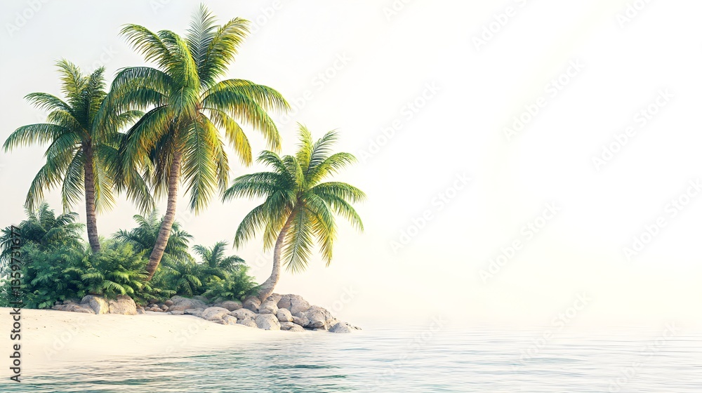 Serene tropical beach scene with lush palm trees on a small island at sunrise offe a tranquil vacation escape. Serene tropical beach scene with lush palm trees on a small island at sunrise offe a tranquil vacation escape.