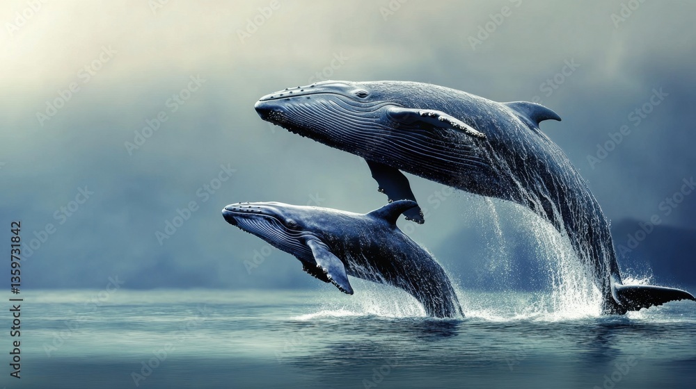 Obraz premium A baby whale jumping out of the water alongside its mother, creating an adorable and awe-inspiring scene.