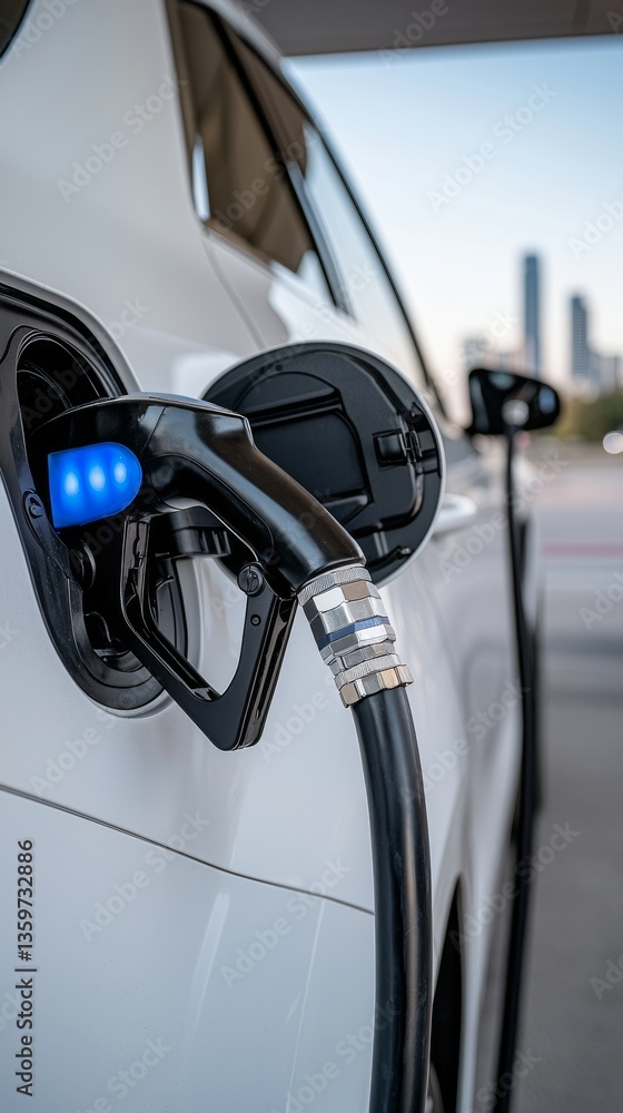 Electric Vehicle Charging Station Action Urban Environment Infrastructure Close-up View Sustainable Energy Concept Electric Vehicle Charging Station Action Urban Environment Infrastructure Close-up View Sustainable Energy Concept