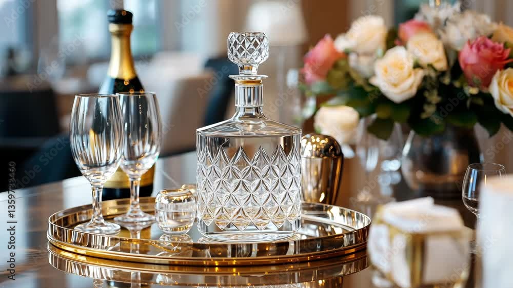 Elegant Table Setting with Crystal Decanter and Fresh Flowers