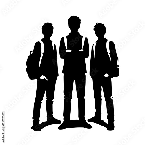 Group of schoolboys standing with backpacks silhouette