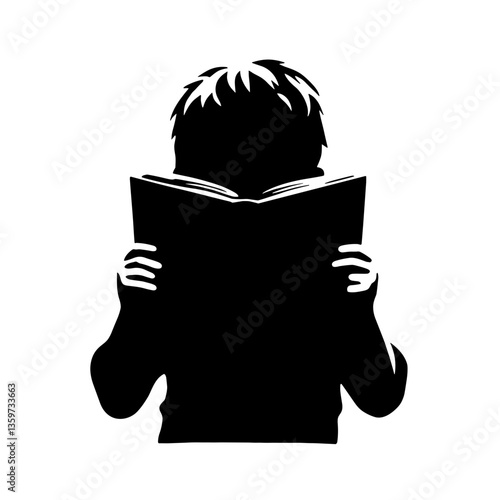 Schoolboy reading book silhouette from front view