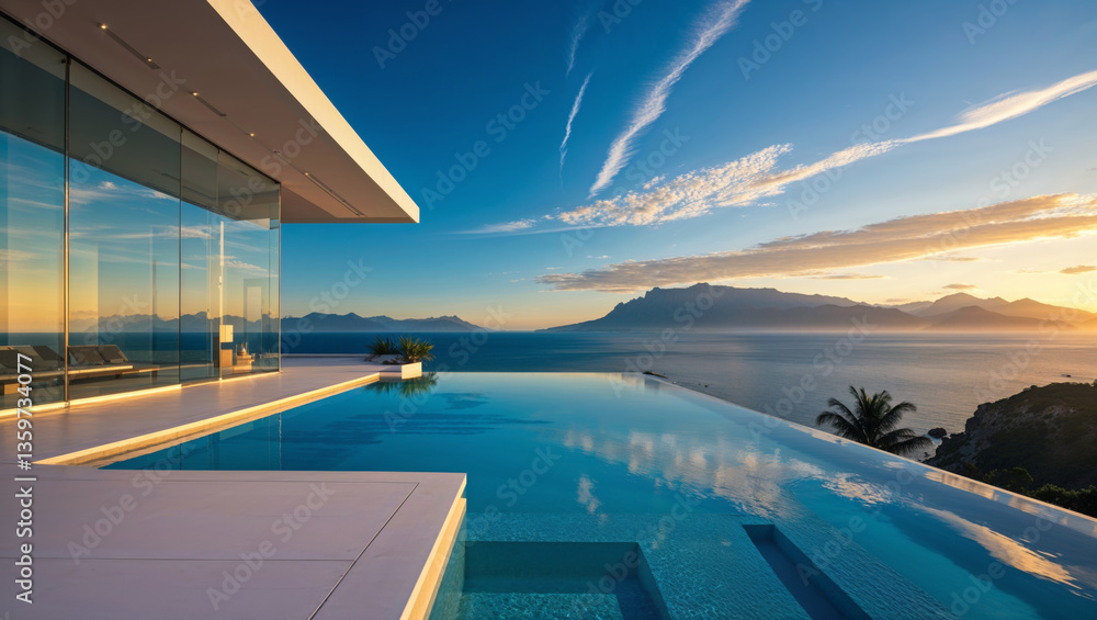 Luxury villa with an infinity pool offers stunning views of the ocean and mountains during a vibrant sunset. Luxury villa with an infinity pool offers stunning views of the ocean and mountains during a vibrant sunset.
