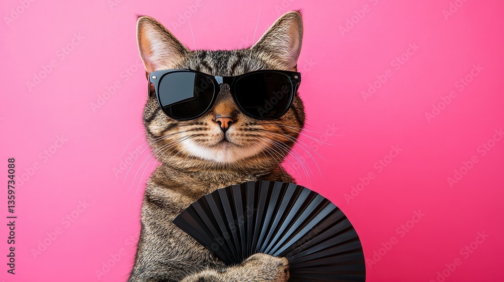 Fototapeta premium Stylish tabby cat in sunglasses holds a black hand fan against a pink background. Perfect for fashion, pet, or summer themed projects.