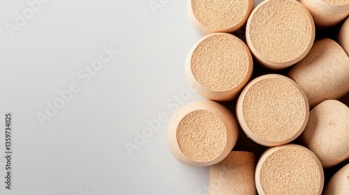 A collection of natural wine corks is arranged neatly on a soft background, showcasing their texture and organic appeal for sustainable product designs