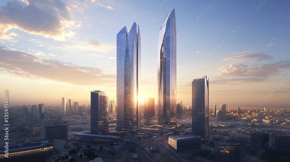 Fototapeta premium Towering buildings set against a vast blue sky, their bold architectural designs showcasing the city growth and ambition, clear light enhancing the urban details 