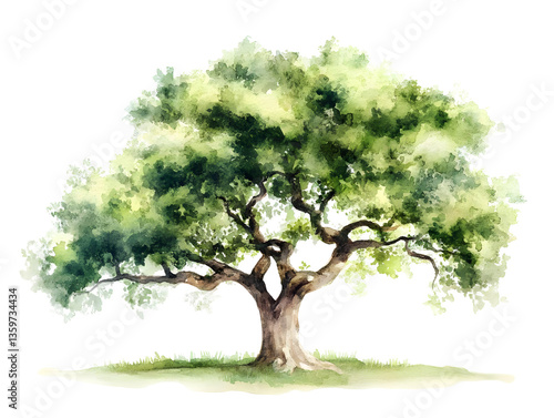 Watercolor Illustration of Green Tree Isolated on Transparent Background