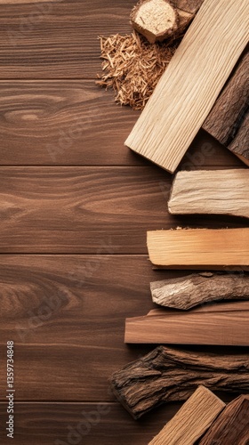 Collection of various wooden planks and logs neatly arranged on a rustic wooden background, ideal for woodworking and DIY projects, showcasing natural textures