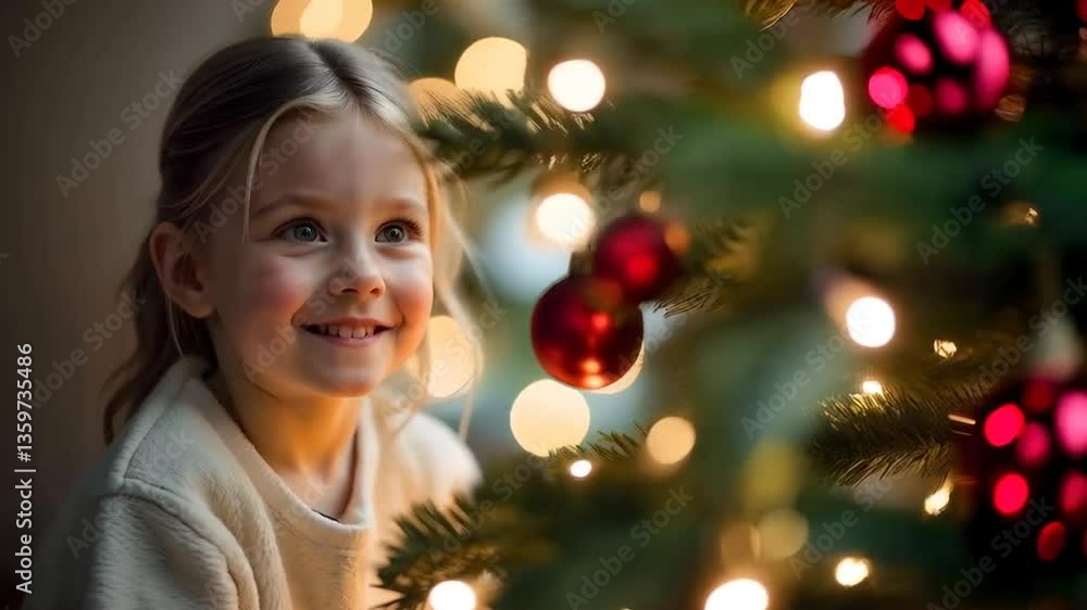Little girl amazed by the lights in a Christmas tree Little girl amazed by the lights in a Christmas tree