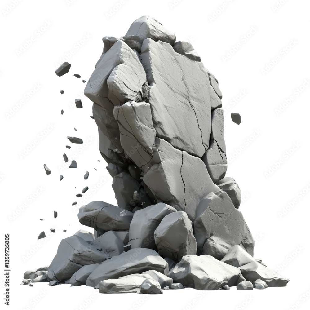 Fototapeta premium abstract pile of rocks that have broken off from bigger cluster of stones and rest on ground isolated on png transparent background