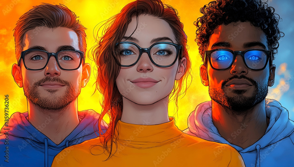 Three people wearing glasses are standing in front of a yellow background. The woman is smiling and the man is looking at her. The man is wearing a blue hoodie Three people wearing glasses are standing in front of a yellow background. The woman is smiling and the man is looking at her. The man is wearing a blue hoodie