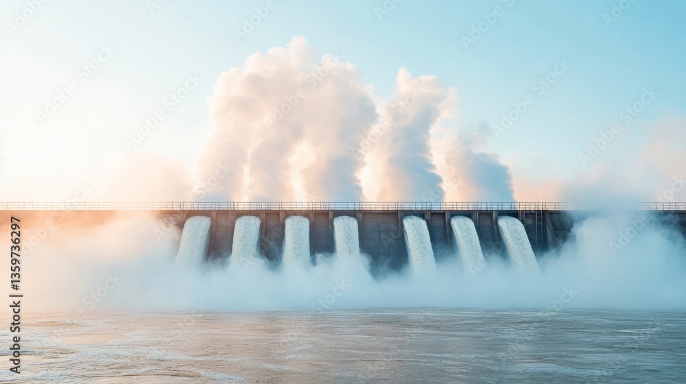 Fototapeta premium Water cascades from multiple gates of a hydroelectric dam, surrounded by a misty atmosphere as steam rises against a backdrop of a clear winter sunrise