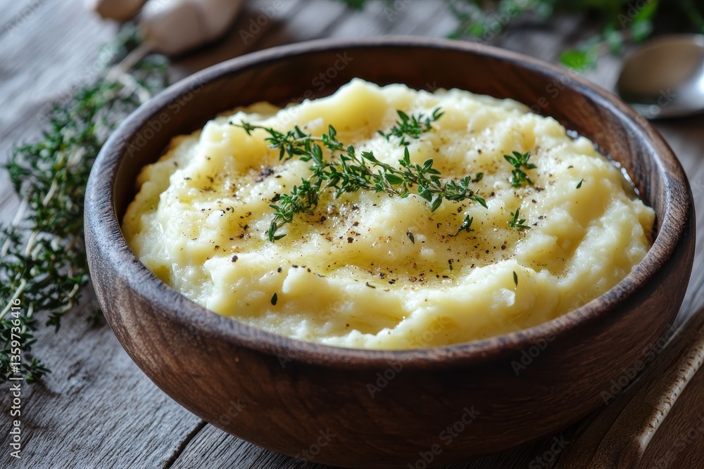 Creamy mashed potatoes in a wooden bowl, garnished with thyme. Perfect for food blogs, recipe websites, or any project showcasing comfort food. Creamy mashed potatoes in a wooden bowl, garnished with thyme. Perfect for food blogs, recipe websites, or any project showcasing comfort food.